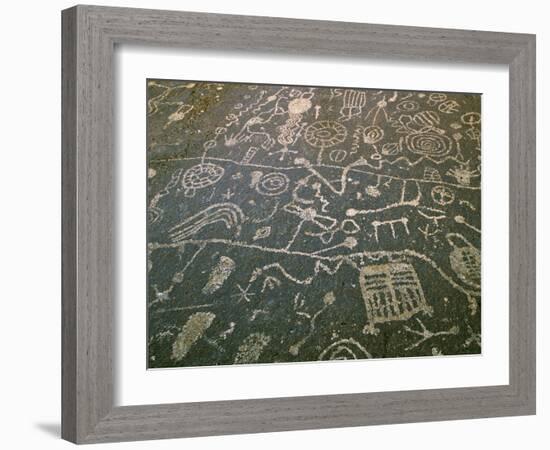 Circular Petroglyphs at the Edge of the Great Basin, Sierra Nevada Range in the Distance, Las Vegas-Dennis Flaherty-Framed Photographic Print