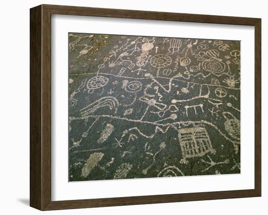 Circular Petroglyphs at the Edge of the Great Basin, Sierra Nevada Range in the Distance, Las Vegas-Dennis Flaherty-Framed Photographic Print