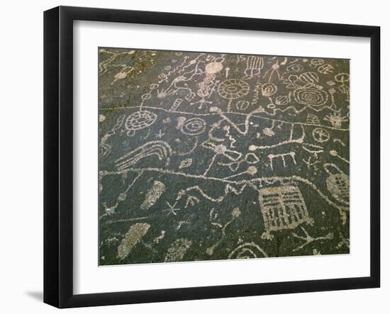 Circular Petroglyphs at the Edge of the Great Basin, Sierra Nevada Range in the Distance, Las Vegas-Dennis Flaherty-Framed Photographic Print