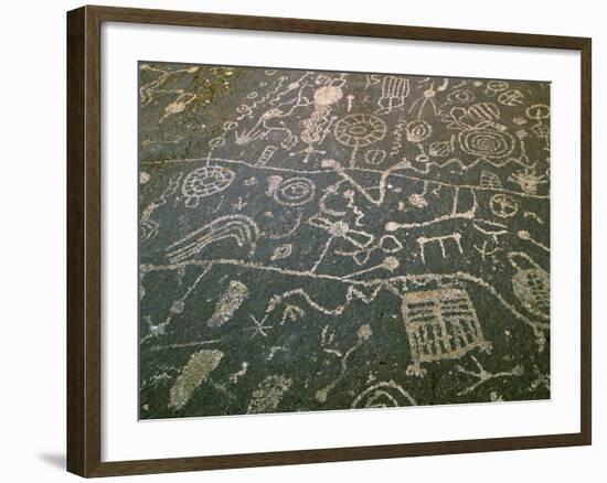 Circular Petroglyphs at the Edge of the Great Basin, Sierra Nevada Range in the Distance, Las Vegas-Dennis Flaherty-Framed Photographic Print