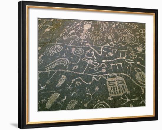 Circular Petroglyphs at the Edge of the Great Basin, Sierra Nevada Range in the Distance, Las Vegas-Dennis Flaherty-Framed Photographic Print