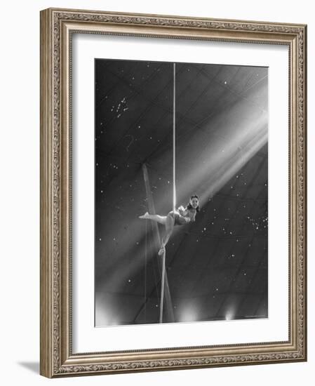 Circus Aerialist Bella Attardi, Hanging on Rope Practicing Aerial Ballet For Ringling Bros. Circus-Nina Leen-Framed Photographic Print
