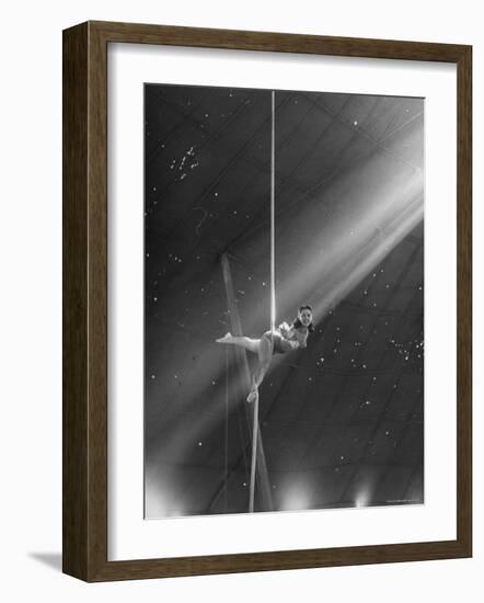 Circus Aerialist Bella Attardi, Hanging on Rope Practicing Aerial Ballet For Ringling Bros. Circus-Nina Leen-Framed Photographic Print