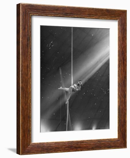 Circus Aerialist Bella Attardi, Hanging on Rope Practicing Aerial Ballet For Ringling Bros. Circus-Nina Leen-Framed Photographic Print