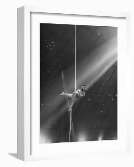 Circus Aerialist Bella Attardi, Hanging on Rope Practicing Aerial Ballet For Ringling Bros. Circus-Nina Leen-Framed Photographic Print