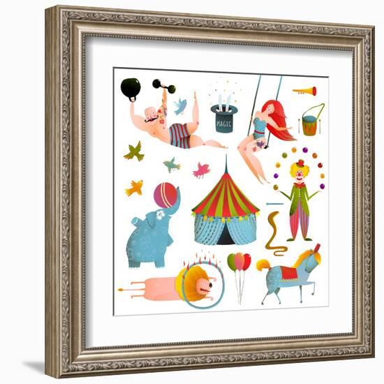 Circus Carnival Show Clip Art Vintage Collection. Fun and Cute Performance with Animals, Clown, Str-Popmarleo-Framed Art Print