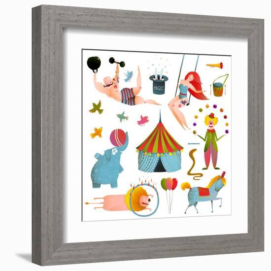 Circus Carnival Show Clip Art Vintage Collection. Fun and Cute Performance with Animals, Clown, Str-Popmarleo-Framed Art Print