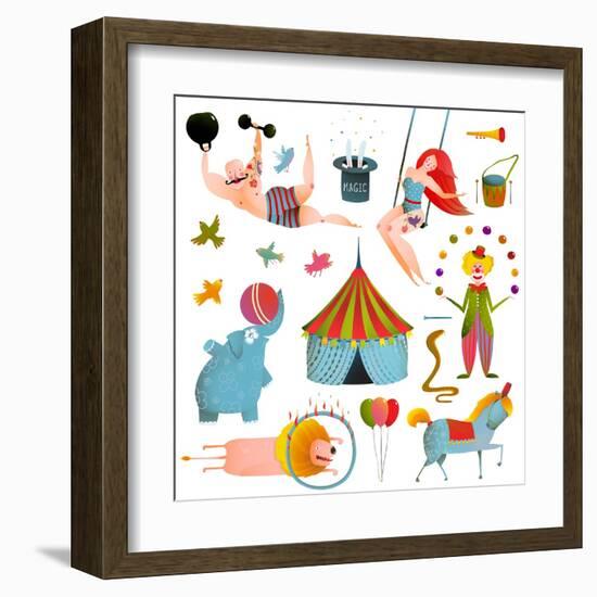 Circus Carnival Show Clip Art Vintage Collection. Fun and Cute Performance with Animals, Clown, Str-Popmarleo-Framed Art Print