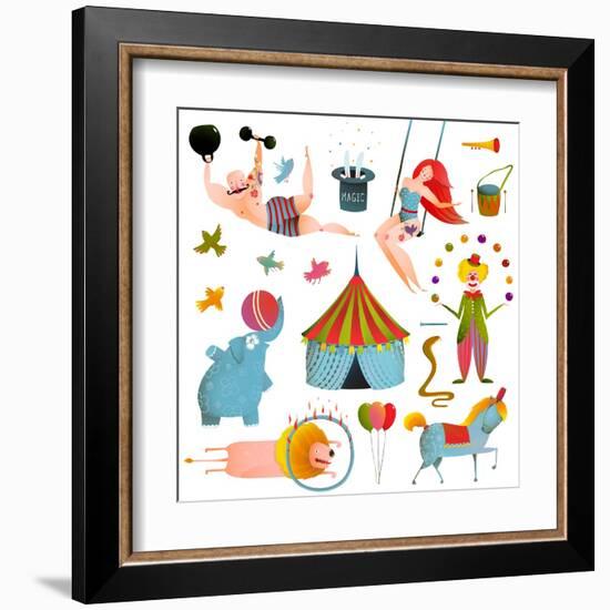 Circus Carnival Show Clip Art Vintage Collection. Fun and Cute Performance with Animals, Clown, Str-Popmarleo-Framed Art Print