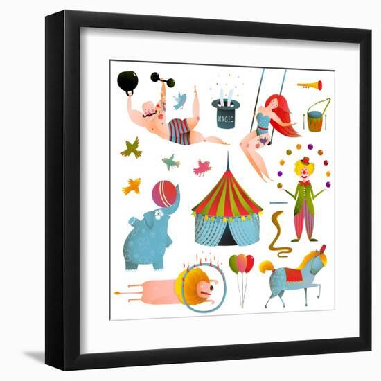 Circus Carnival Show Clip Art Vintage Collection. Fun and Cute Performance with Animals, Clown, Str-Popmarleo-Framed Art Print