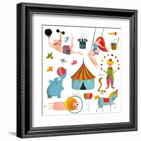 Circus Carnival Show Clip Art Vintage Collection. Fun and Cute Performance with Animals, Clown, Str-Popmarleo-Framed Art Print