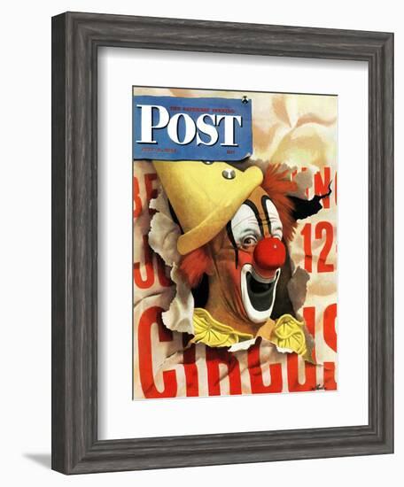 "Circus Clown and Poster," Saturday Evening Post Cover, July 8, 1944-John Atherton-Framed Giclee Print