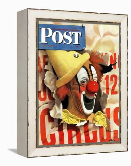 "Circus Clown and Poster," Saturday Evening Post Cover, July 8, 1944-John Atherton-Framed Premier Image Canvas