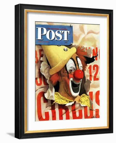 "Circus Clown and Poster," Saturday Evening Post Cover, July 8, 1944-John Atherton-Framed Giclee Print