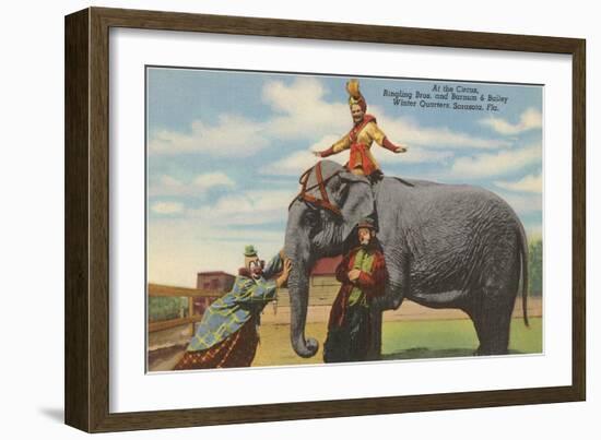 Circus Elephant and Clowns, Sarasota, Florida-null-Framed Art Print