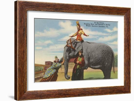 Circus Elephant and Clowns, Sarasota, Florida-null-Framed Art Print