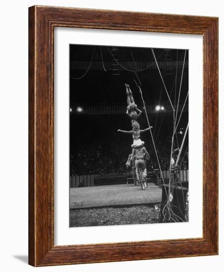 Circus Stacked Up Trio Casually Bicycling around the Board-Ralph Morse-Framed Photographic Print