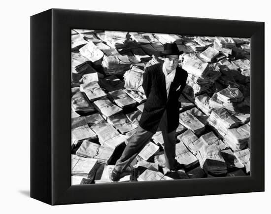 Citizen Kane, Orson Welles, 1941, Astride Stacks Of Newspaper-null-Framed Stretched Canvas