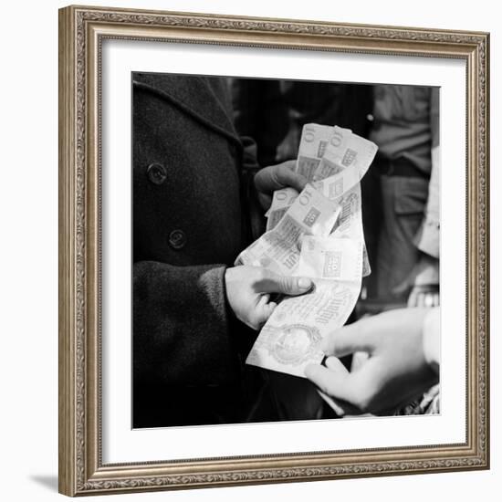 Citizens Waiting in Line to Convert Reich Mark to Deutsche Mark After Russian Blockade of Berlin-Walter Sanders-Framed Photographic Print