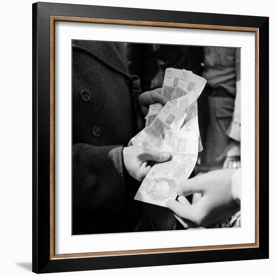 Citizens Waiting in Line to Convert Reich Mark to Deutsche Mark After Russian Blockade of Berlin-Walter Sanders-Framed Photographic Print