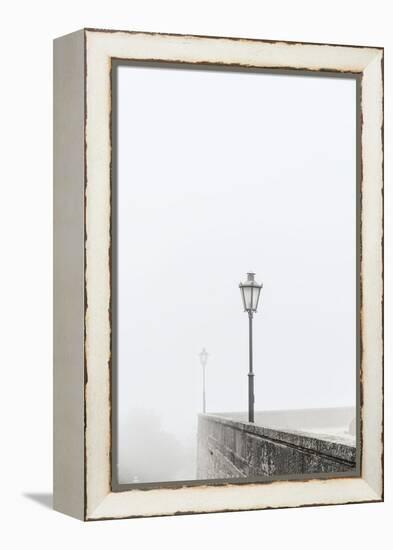 Citta di San Marino, Europe, street lamps in the fog,-Bernd Wittelsbach-Framed Premier Image Canvas