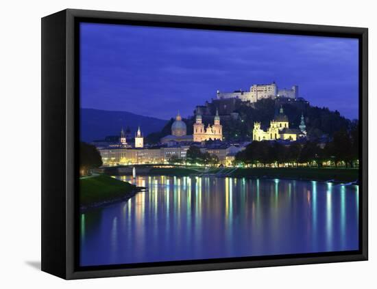 City and Castle at Night from the River, Salzburg, Austria, Europe-Nigel Francis-Framed Premier Image Canvas