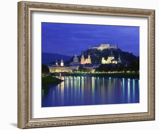 City and Castle at Night from the River, Salzburg, Austria, Europe-Nigel Francis-Framed Photographic Print
