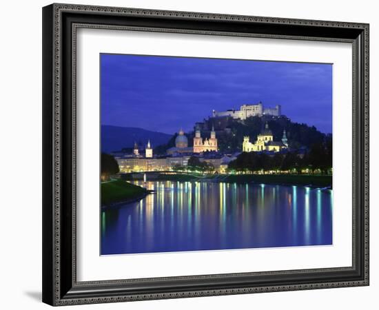 City and Castle at Night from the River, Salzburg, Austria, Europe-Nigel Francis-Framed Photographic Print