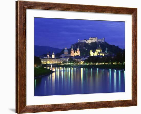 City and Castle at Night from the River, Salzburg, Austria, Europe-Nigel Francis-Framed Photographic Print