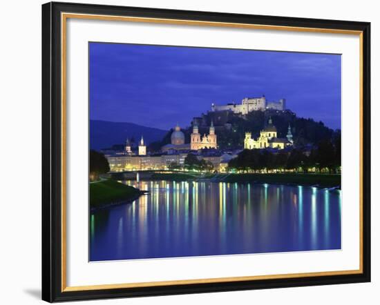 City and Castle at Night from the River, Salzburg, Austria, Europe-Nigel Francis-Framed Photographic Print