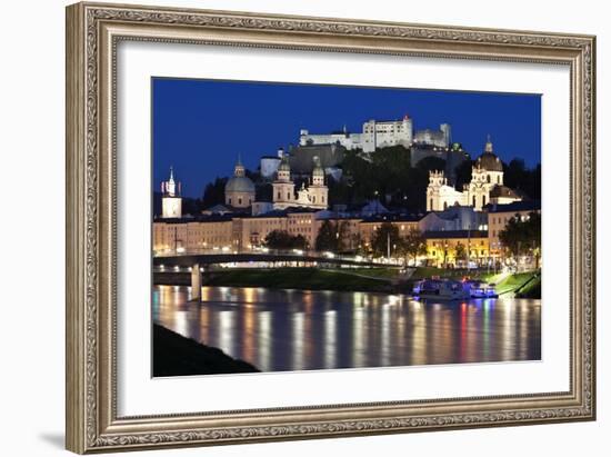 City at Night of Salzach River with Churches of Salzburg and Hohensalzburg Fortress, Austria-Julian Castle-Framed Photo