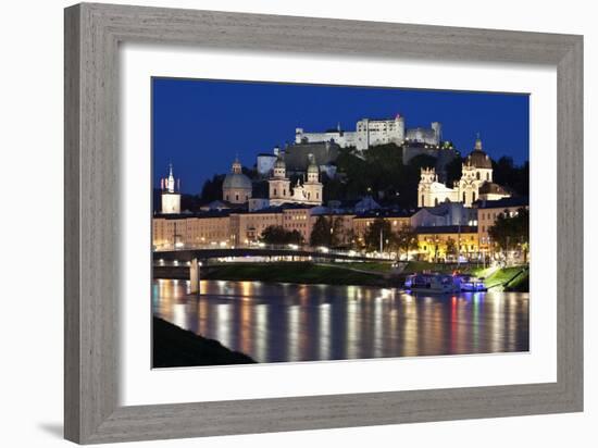 City at Night of Salzach River with Churches of Salzburg and Hohensalzburg Fortress, Austria-Julian Castle-Framed Photo