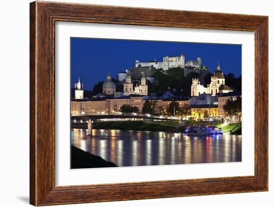 City at Night of Salzach River with Churches of Salzburg and Hohensalzburg Fortress, Austria-Julian Castle-Framed Photo