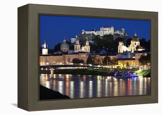 City at Night of Salzach River with Churches of Salzburg and Hohensalzburg Fortress, Austria-Julian Castle-Framed Stretched Canvas