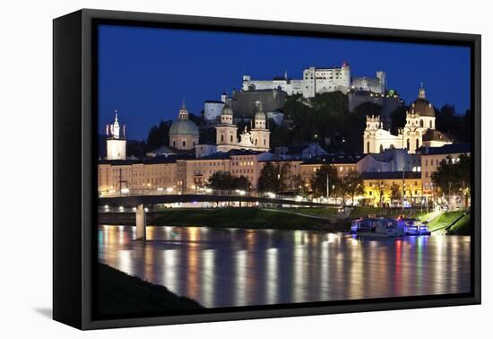 City at Night of Salzach River with Churches of Salzburg and Hohensalzburg Fortress, Austria-Julian Castle-Framed Stretched Canvas