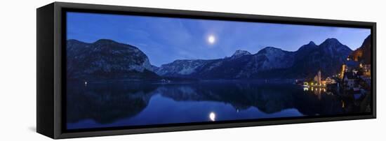 City Centre at the Hallstatter Lake in Front of the Dachsteingebirge with Full Moon, Austria-Volker Preusser-Framed Premier Image Canvas