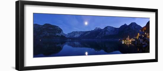 City Centre at the Hallstatter Lake in Front of the Dachsteingebirge with Full Moon, Austria-Volker Preusser-Framed Photographic Print