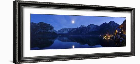 City Centre at the Hallstatter Lake in Front of the Dachsteingebirge with Full Moon, Austria-Volker Preusser-Framed Photographic Print