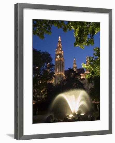 City Hall at Dusk with Fountain in Foreground, Vienna, Austria-Charles Bowman-Framed Photographic Print