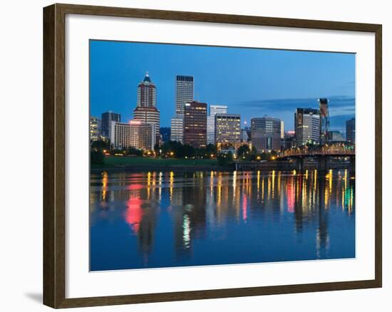 City Lights Glowing at Night, Portland, Oregon, USA-Janis Miglavs-Framed Photographic Print