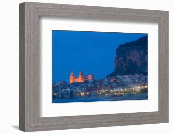 City Lit Up at Dusk, Cefalu, Sicily, Italy-null-Framed Photographic Print