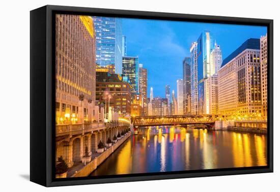 City of Chicago Downtown and River with Bridges at Dusk.-vichie81-Framed Premier Image Canvas