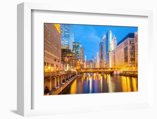 City of Chicago Downtown and River with Bridges at Dusk.-vichie81-Framed Photographic Print