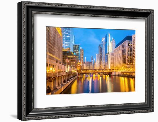 City of Chicago Downtown and River with Bridges at Dusk.-vichie81-Framed Photographic Print