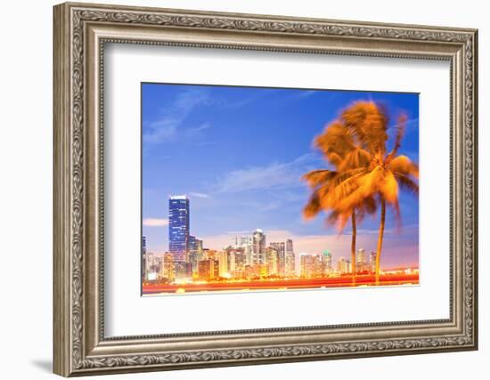 City of Miami Florida Night Skyline Palm Trees-Fotomak-Framed Photographic Print