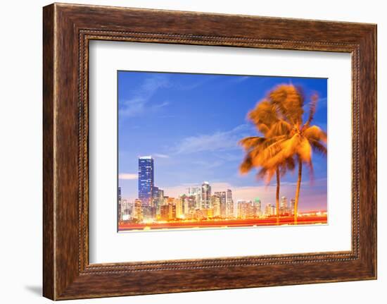 City of Miami Florida Night Skyline Palm Trees-Fotomak-Framed Photographic Print