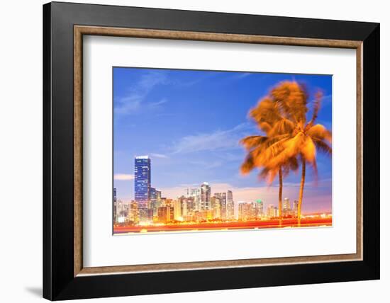 City of Miami Florida Night Skyline Palm Trees-Fotomak-Framed Photographic Print
