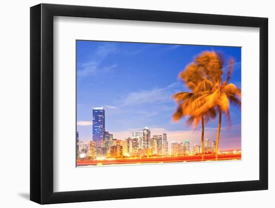 City of Miami Florida Night Skyline Palm Trees-Fotomak-Framed Photographic Print