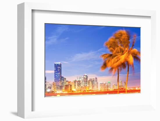 City of Miami Florida Night Skyline Palm Trees-Fotomak-Framed Photographic Print