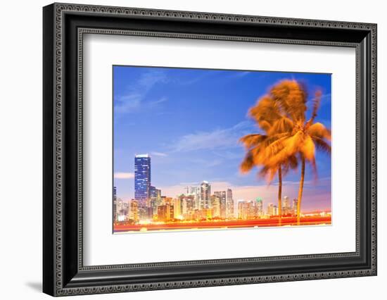 City of Miami Florida Night Skyline Palm Trees-Fotomak-Framed Photographic Print